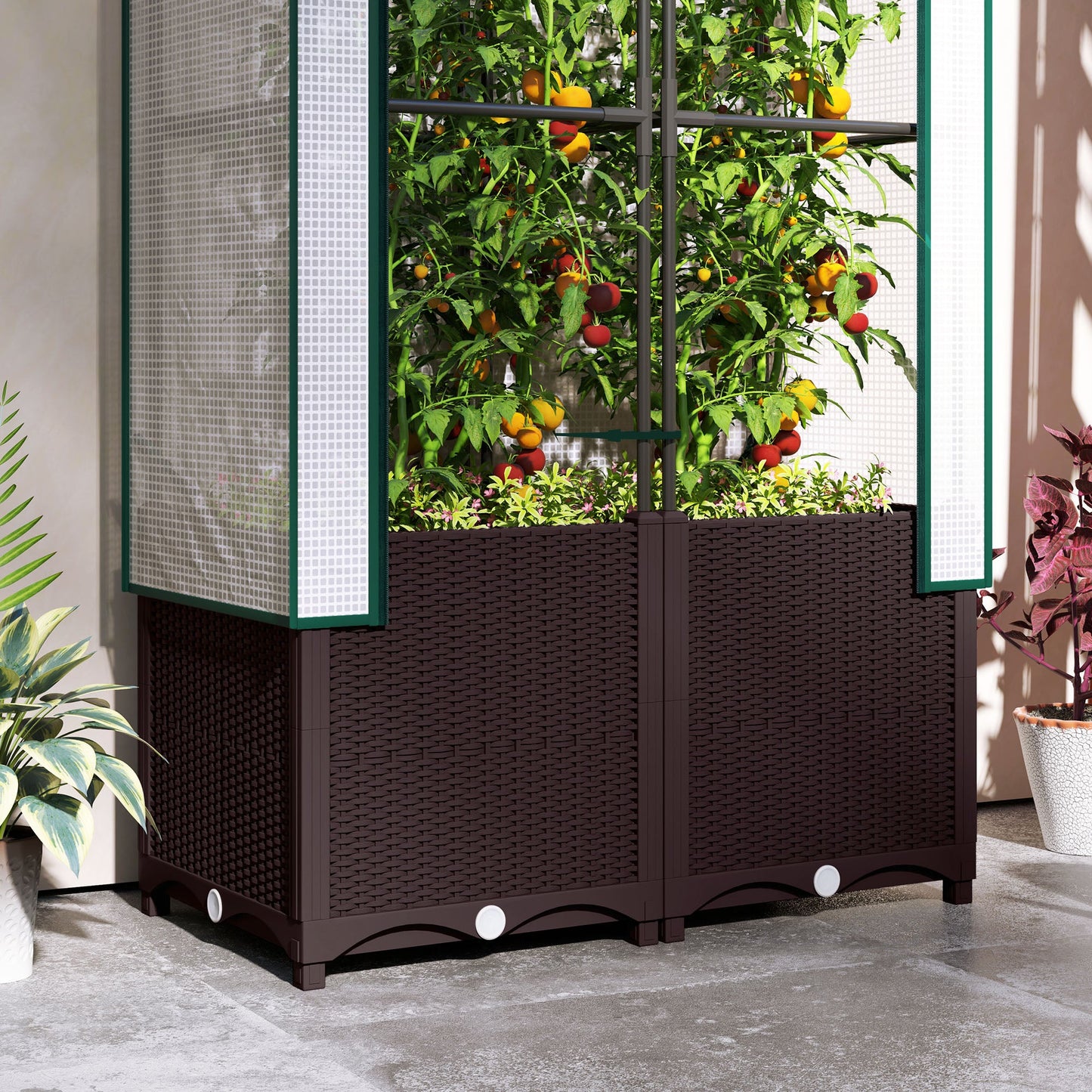 Outsunny Raised Garden Bed with Trellis, Plastic Planter Box with PE Cover, Drainage Holes and Drain Plugs for Climbing Plants, Vegetables, Flowers, 80 x 40 x 140 cm