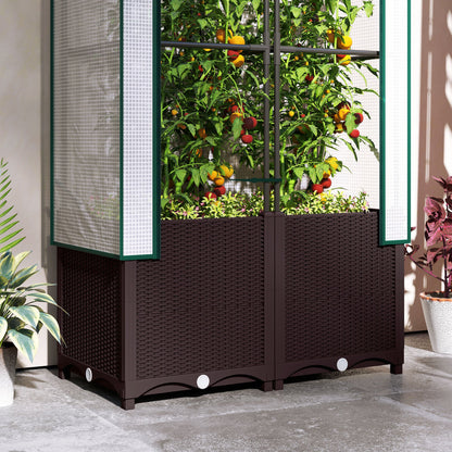 Outsunny Raised Garden Bed with Trellis, Plastic Planter Box with PE Cover, Drainage Holes and Drain Plugs for Climbing Plants, Vegetables, Flowers, 80 x 40 x 140 cm