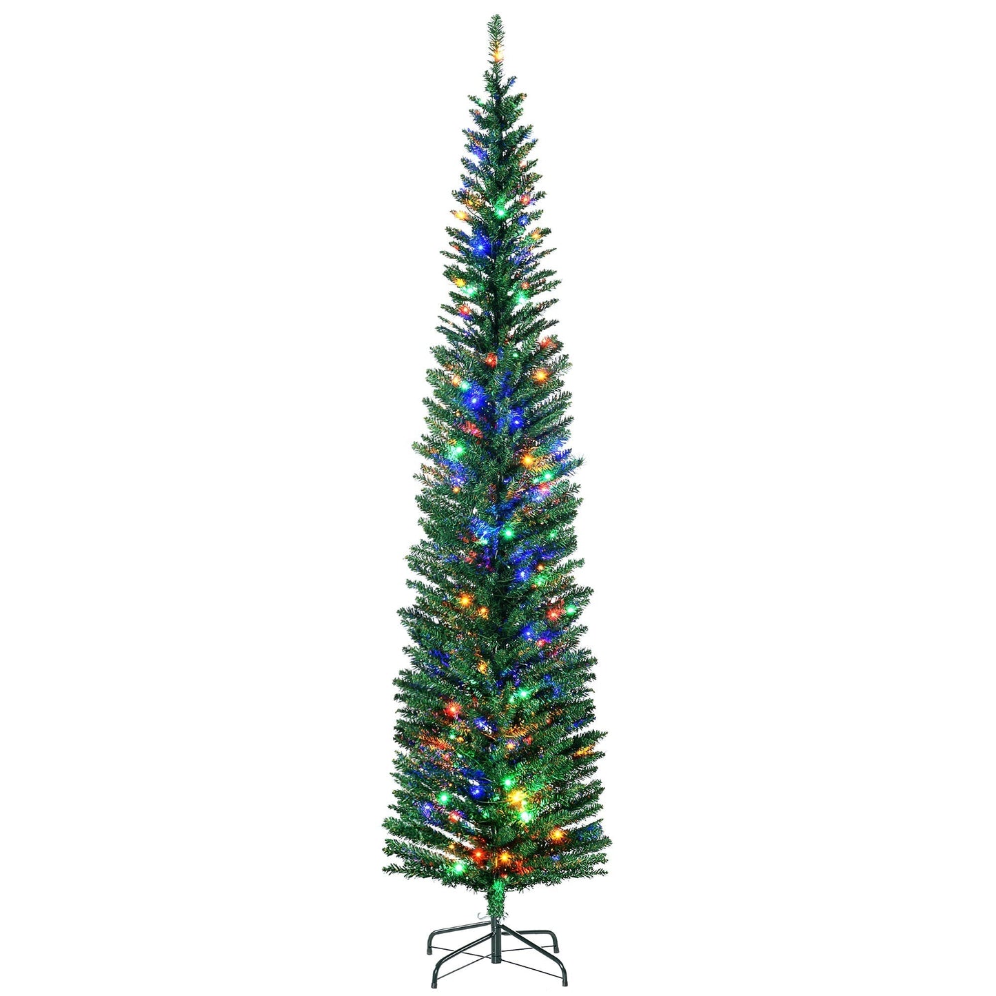 HOMCOM 7.5' Artificial Prelit Christmas Trees Holiday Decor with Colourful LED Lights, Pencil Shape, Steel Base