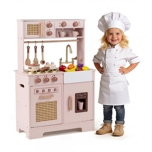Play Kitchen for Kids Wooden Kitchen Playset with Realistic Lights and Sounds-Pink