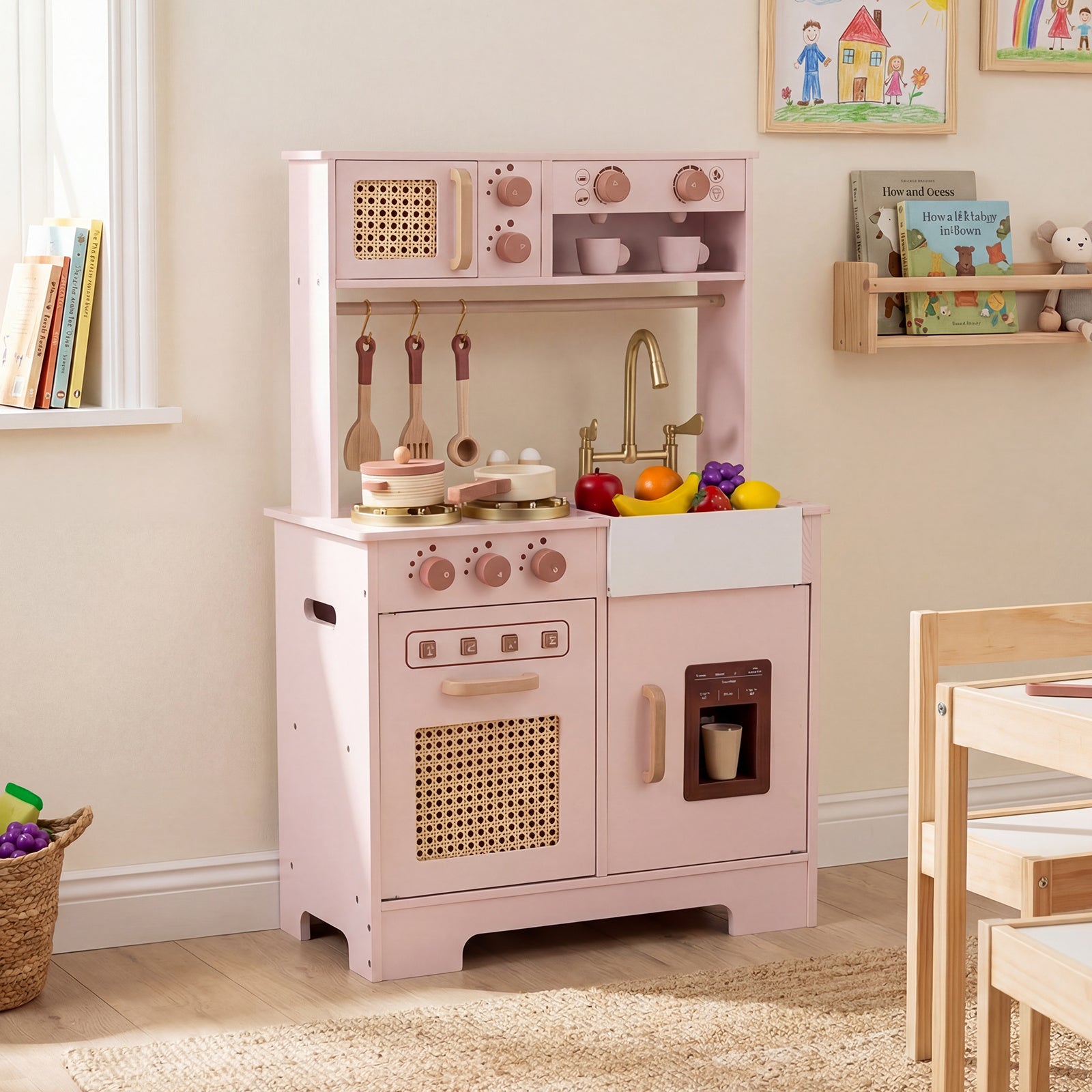 Play Kitchen for Kids Wooden Kitchen Playset with Realistic Lights and Sounds-Pink