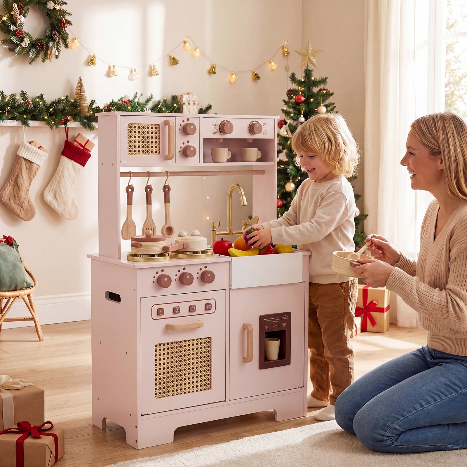 Play Kitchen for Kids Wooden Kitchen Playset with Realistic Lights and Sounds-Pink