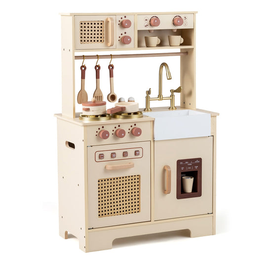 Play Kitchen for Kids Wooden Kitchen Playset with Realistic Lights and Sounds-Yellow