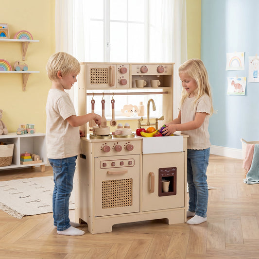 Play Kitchen for Kids Wooden Kitchen Playset with Realistic Lights and Sounds-Yellow