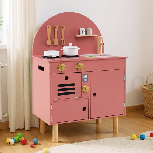 Play Kitchen for Kids Wooden Kitchen Playset with Stoves Faucet-Pink