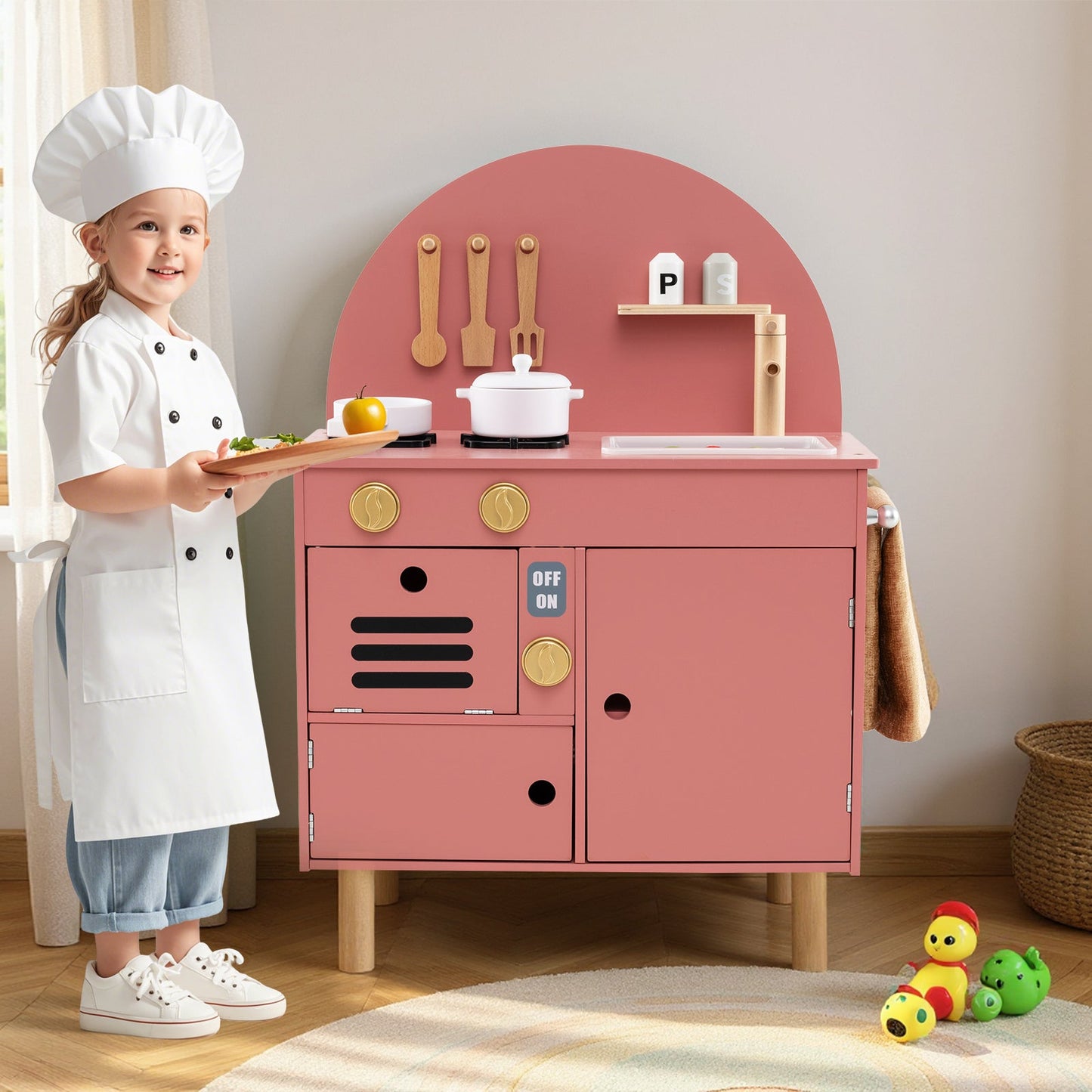 Play Kitchen for Kids Wooden Kitchen Playset with Stoves Faucet-Pink