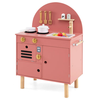 Play Kitchen for Kids Wooden Kitchen Playset with Stoves Faucet-Pink