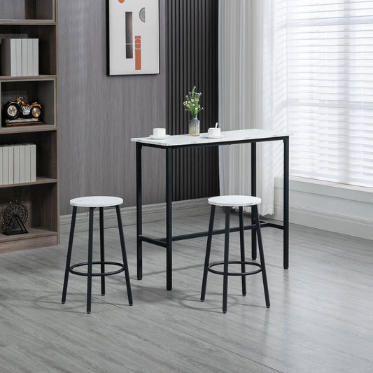 HOMCOM 3 Piece Bar Table and Stool Set for 2 with Stools Steel Frame Footrest for Kitchen Living Room Small Space White