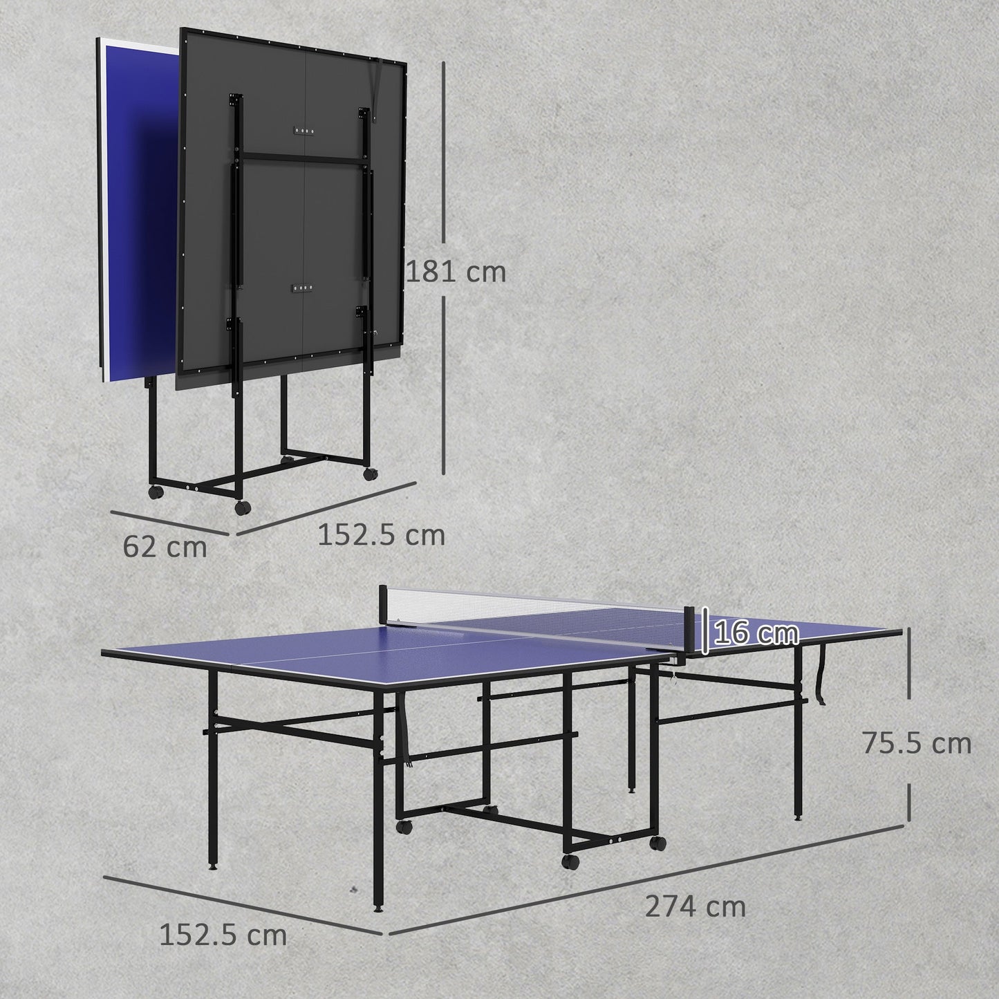 SPORTNOW 9FT Folding Table Tennis Table with Four Wheels, for Indoor Use, Blue