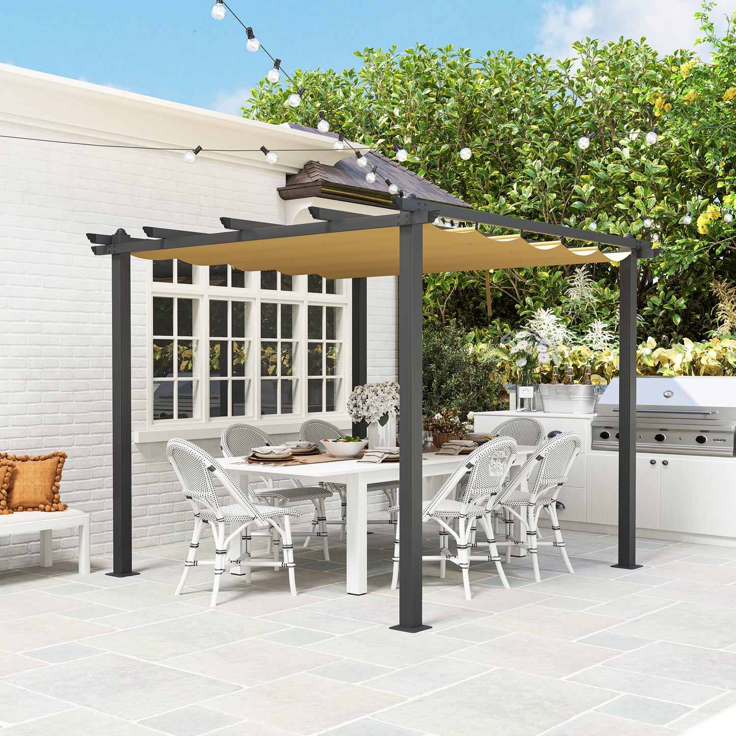 Pergola aluminiowa Outsunny 3 x 3 m z rozsuwanym dachem w kolorze khaki