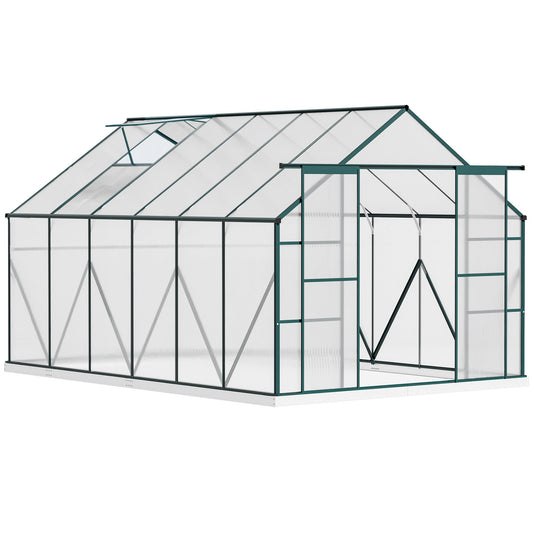 Outsunny Aluminium Greenhouse Polycarbonate Walk-in Garden Greenhouse Kit with Adjustable Roof Vent, Rain Gutter and Foundation, 8 x 12ft, Clear