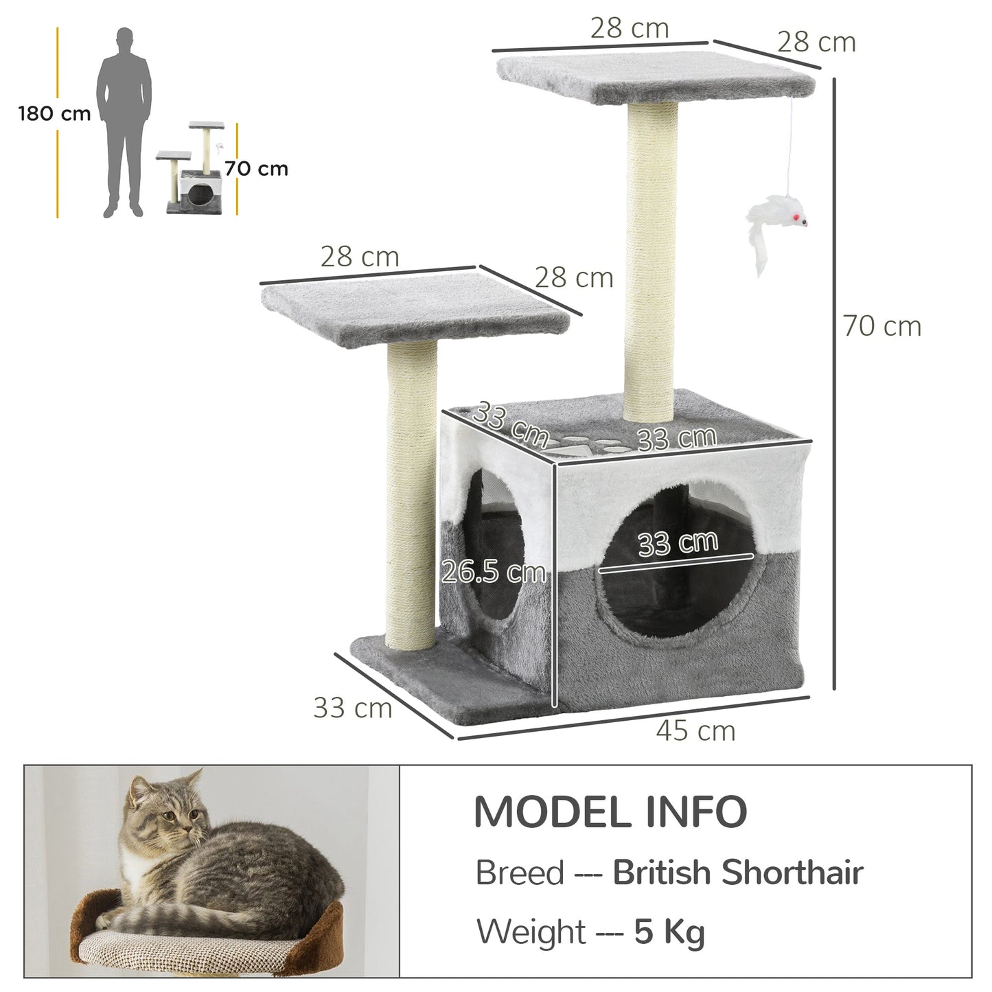 PawHut Cat Tree w/ Sisal Scratching Posts, House, Perches, Toy Mouse, Grey