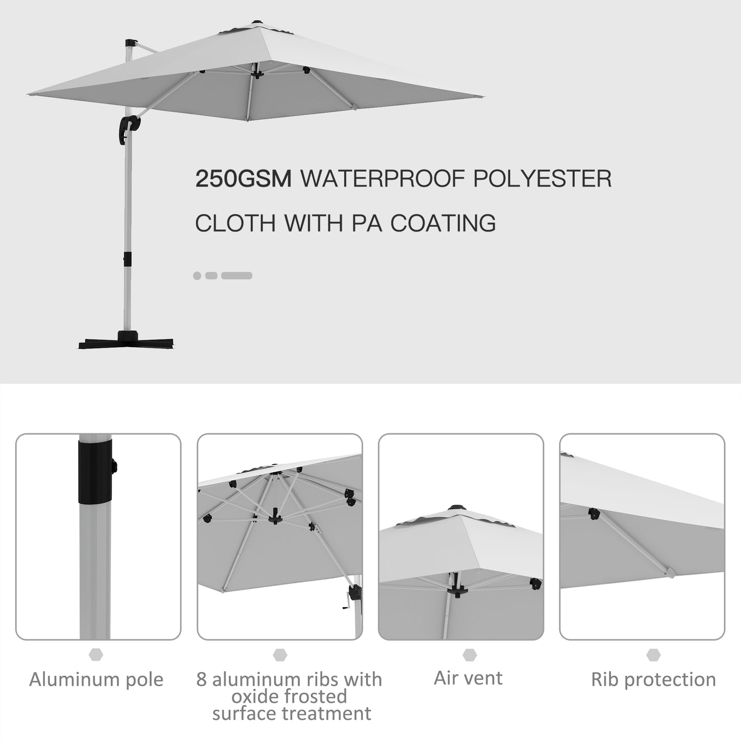 Outsunny Square Cantilever Garden Parasol, z pięciopozycyjnym baldachimem - biały