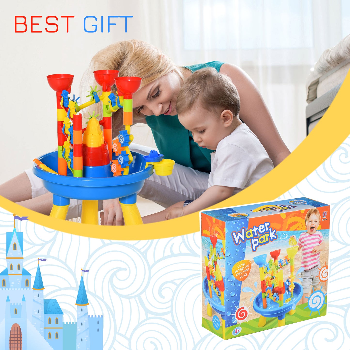 HOMCOM 30 Pcs Sand and Water Table Beach Toy Waterpark Activities Sand Pit Playset with Accessories Garden Sandbox