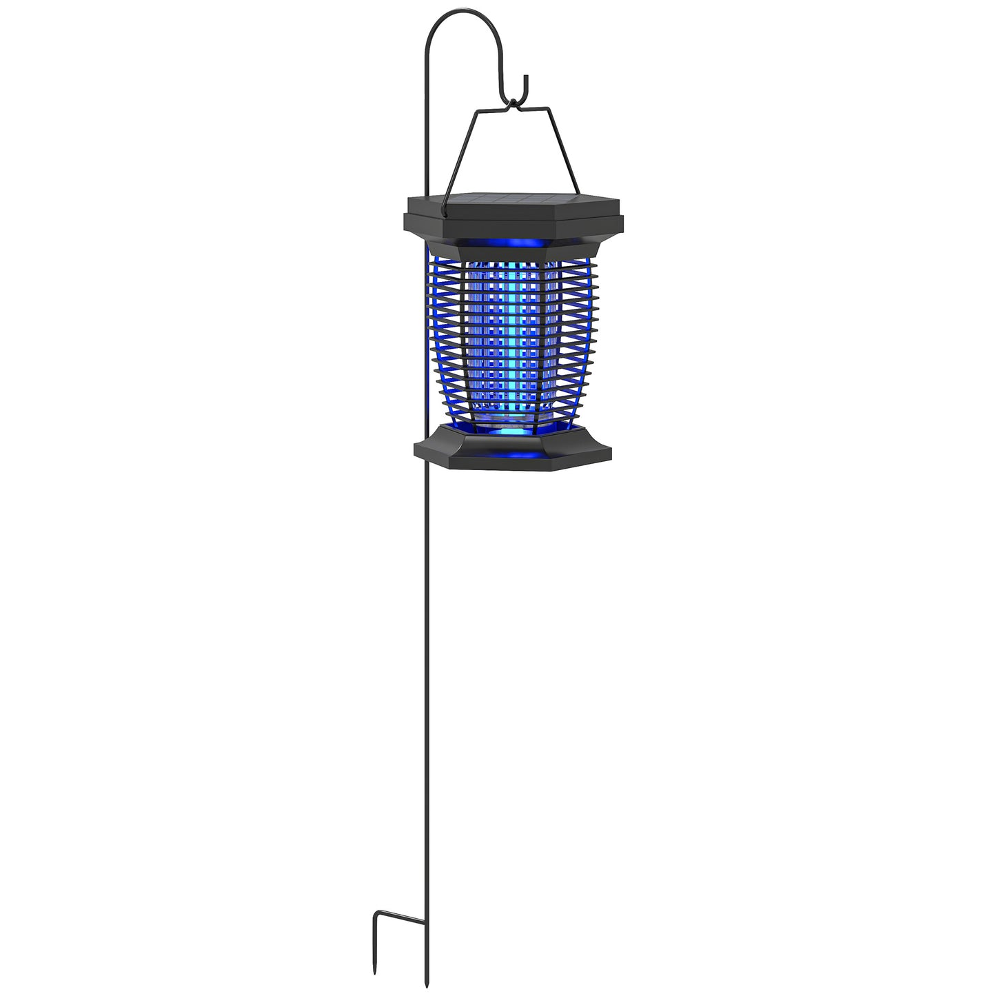 Elektryczna pułapka na muchy Outsunny 2 w 1 z lampą UVA, wisząca lampa ogrodowa, solarna i ładowana przez USB-DC, pułapka na owady i komary, do użytku wewnątrz i na zewnątrz, czarna