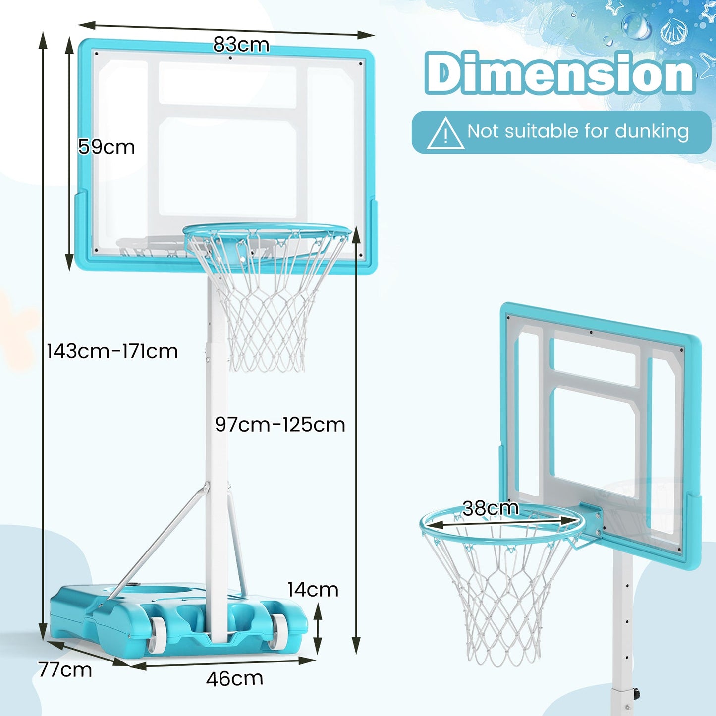 Pool Basketball Hoop Poolside Basketball Goal with 83 cm Shatterproof Backboard-White