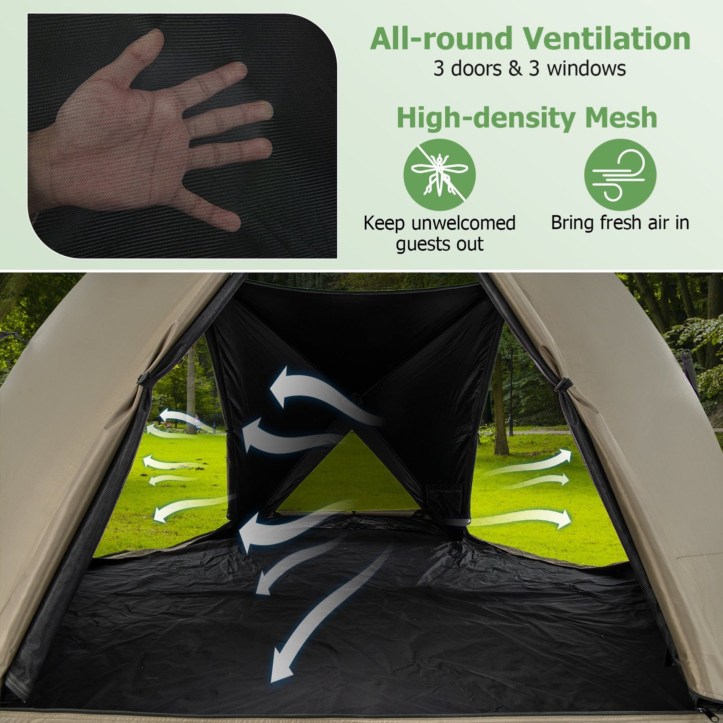 6-Sided Family Tent with Rainfly, Skylight, 3 Doors, 3 Windows-Olive Green