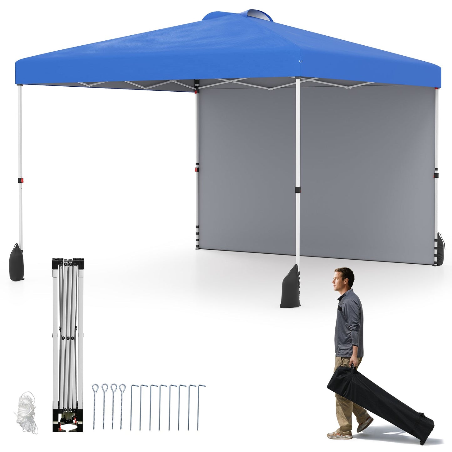 3 x 3 m Pop up Canopy Tent with 1 Sidewall Wheeled Bag-Blue
