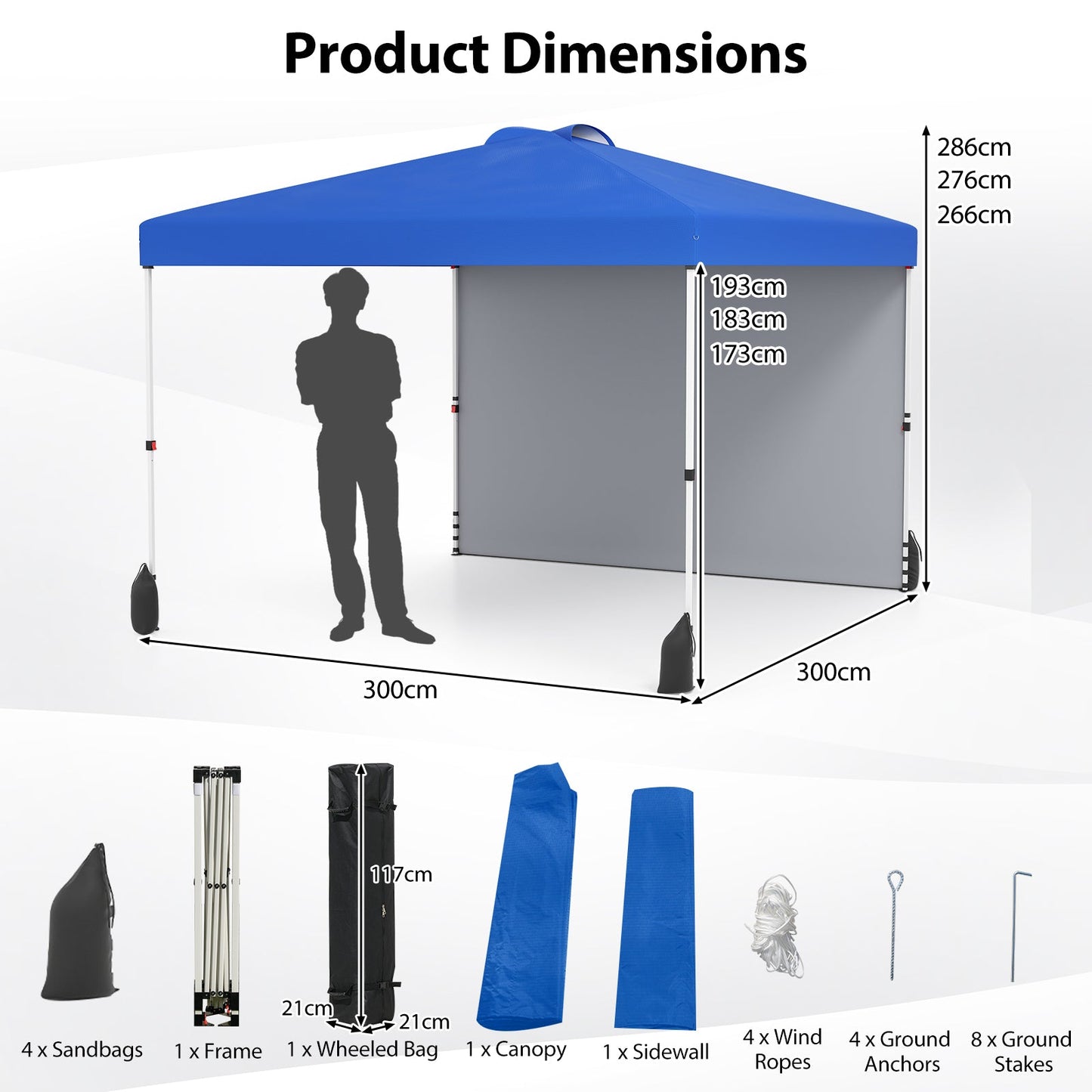 3 x 3 m Pop up Canopy Tent with 1 Sidewall Wheeled Bag-Blue