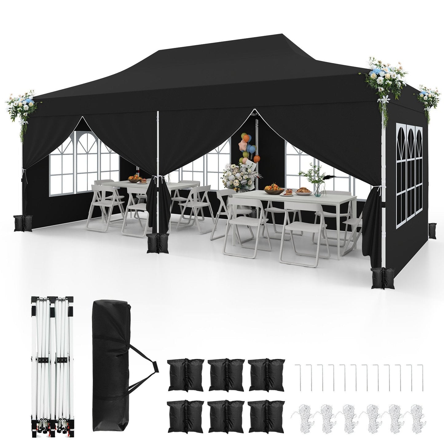 Pop-up Canopy Tent with 6 Detachable Sidewalls and Carrying Bag-Black