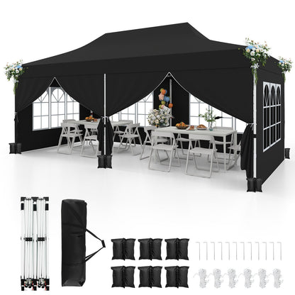 Pop-up Canopy Tent with 6 Detachable Sidewalls and Carrying Bag-Black