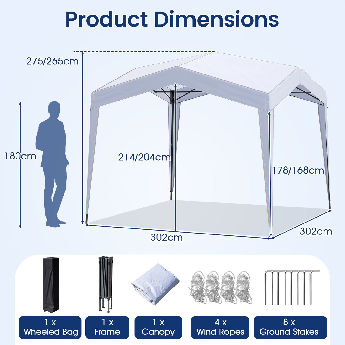 Pop up Canopy Tent with Portable Wheeled Bag 8 Stakes 4 Wind Ropes-White