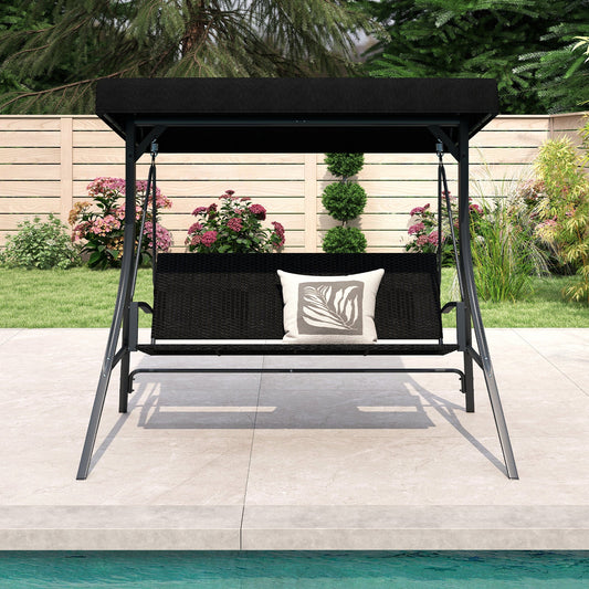 3-Person Porch Swing with Stand Adjustable Canopy Swing with Rattan Seat-Black