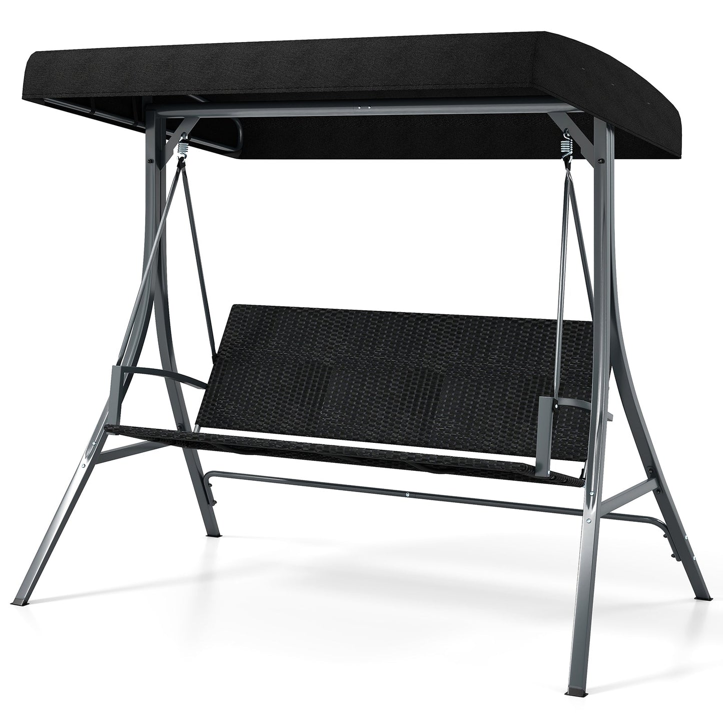 3-Person Porch Swing with Stand Adjustable Canopy Swing with Rattan Seat-Black