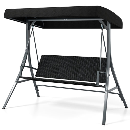 3-Person Porch Swing with Stand Adjustable Canopy Swing with Rattan Seat-Black