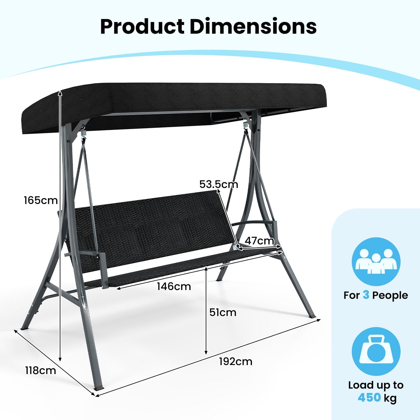 3-Person Porch Swing with Stand Adjustable Canopy Swing with Rattan Seat-Black