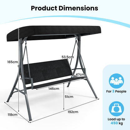 3-Person Porch Swing with Stand Adjustable Canopy Swing with Rattan Seat-Black