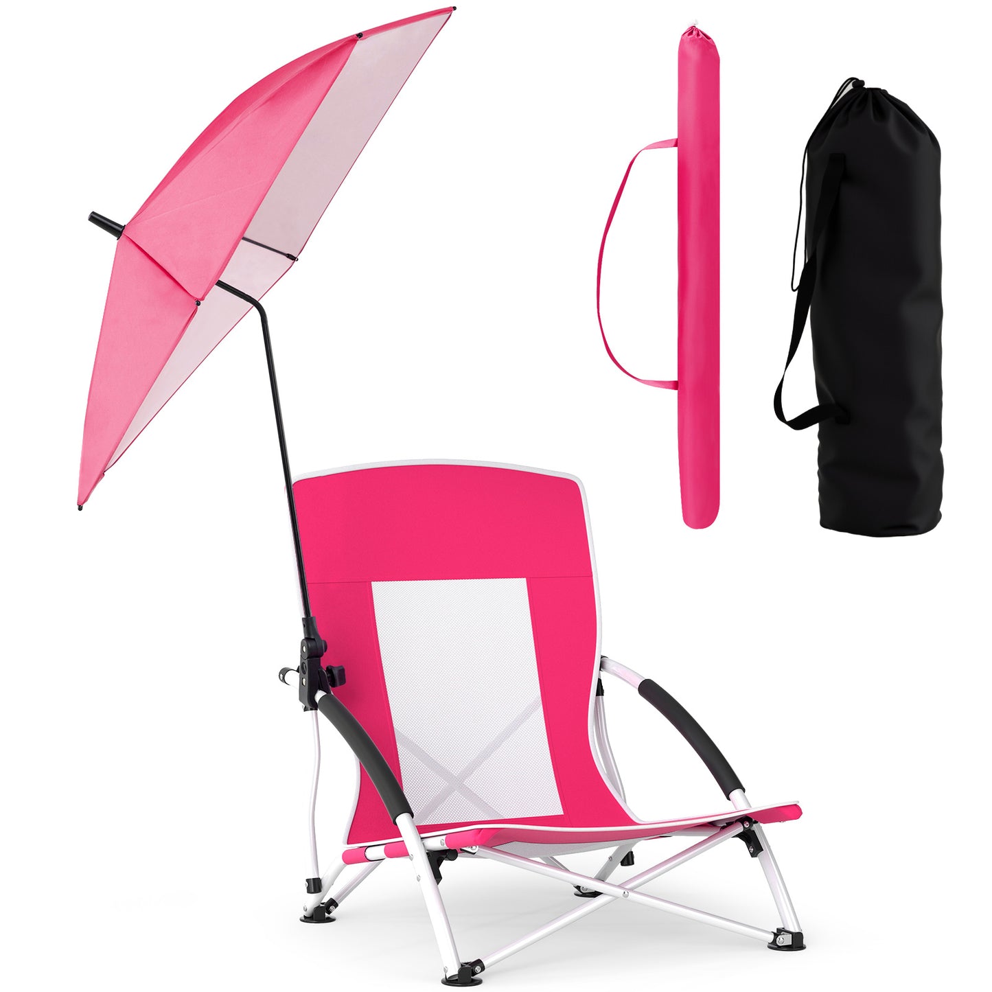Portable Beach Umbrella Chair with Adjustable Parasol-Pink, 2 Pack