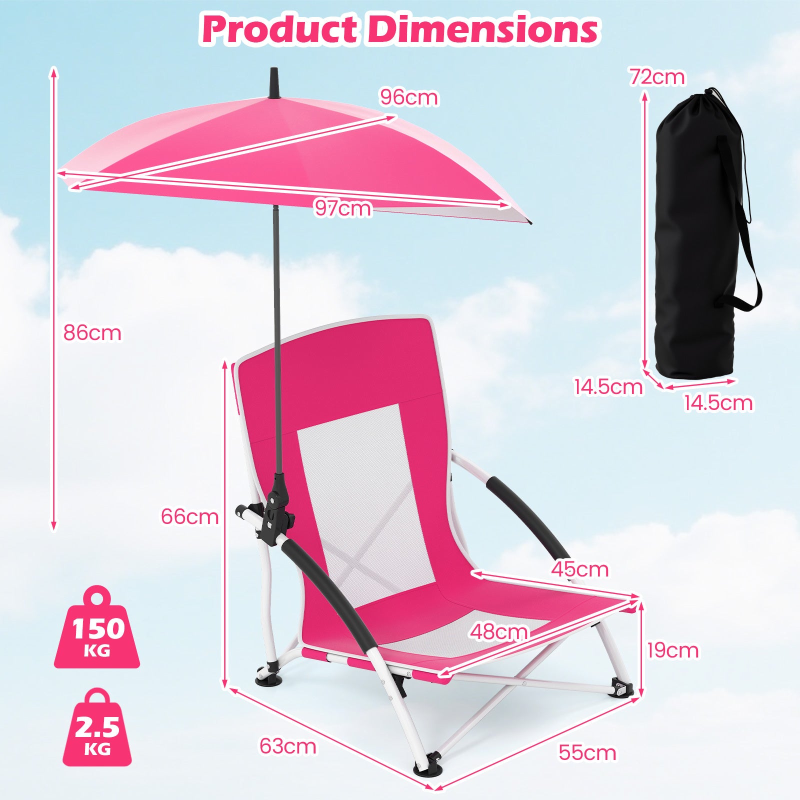 Portable Beach Umbrella Chair with Adjustable Parasol-Pink, 2 Pack