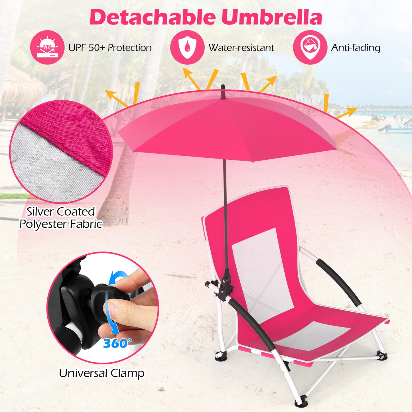 Portable Beach Umbrella Chair with Adjustable Parasol-Pink, 2 Pack