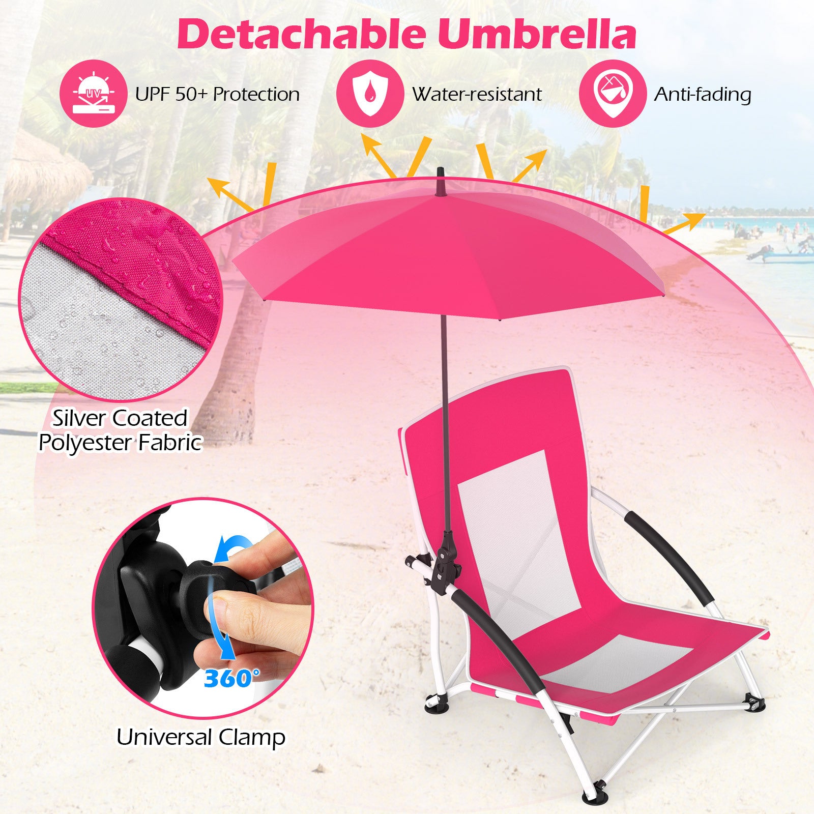 Portable Beach Umbrella Chair with Adjustable Parasol-Pink, 2 Pack