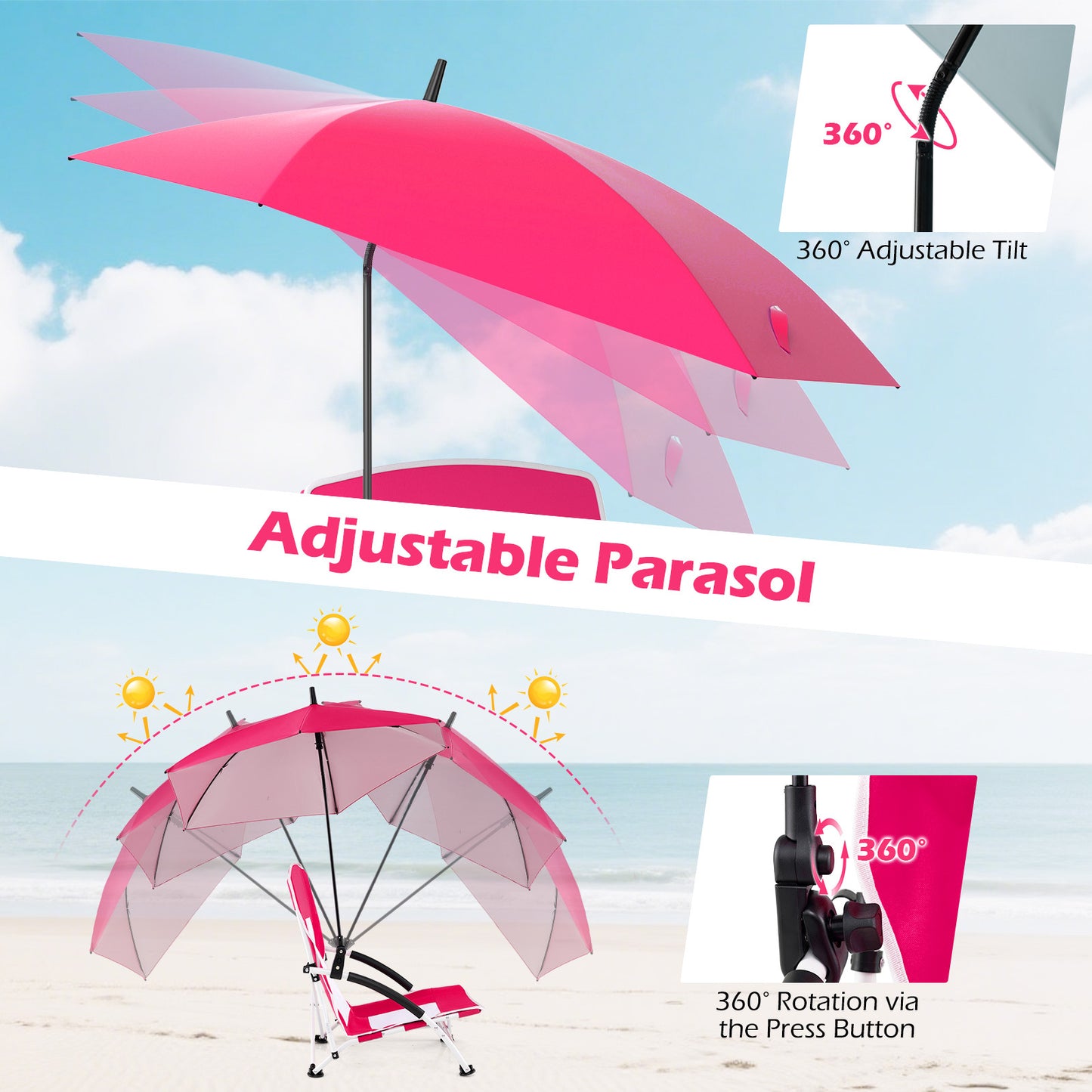 Portable Beach Umbrella Chair with Adjustable Parasol-Pink, 2 Pack