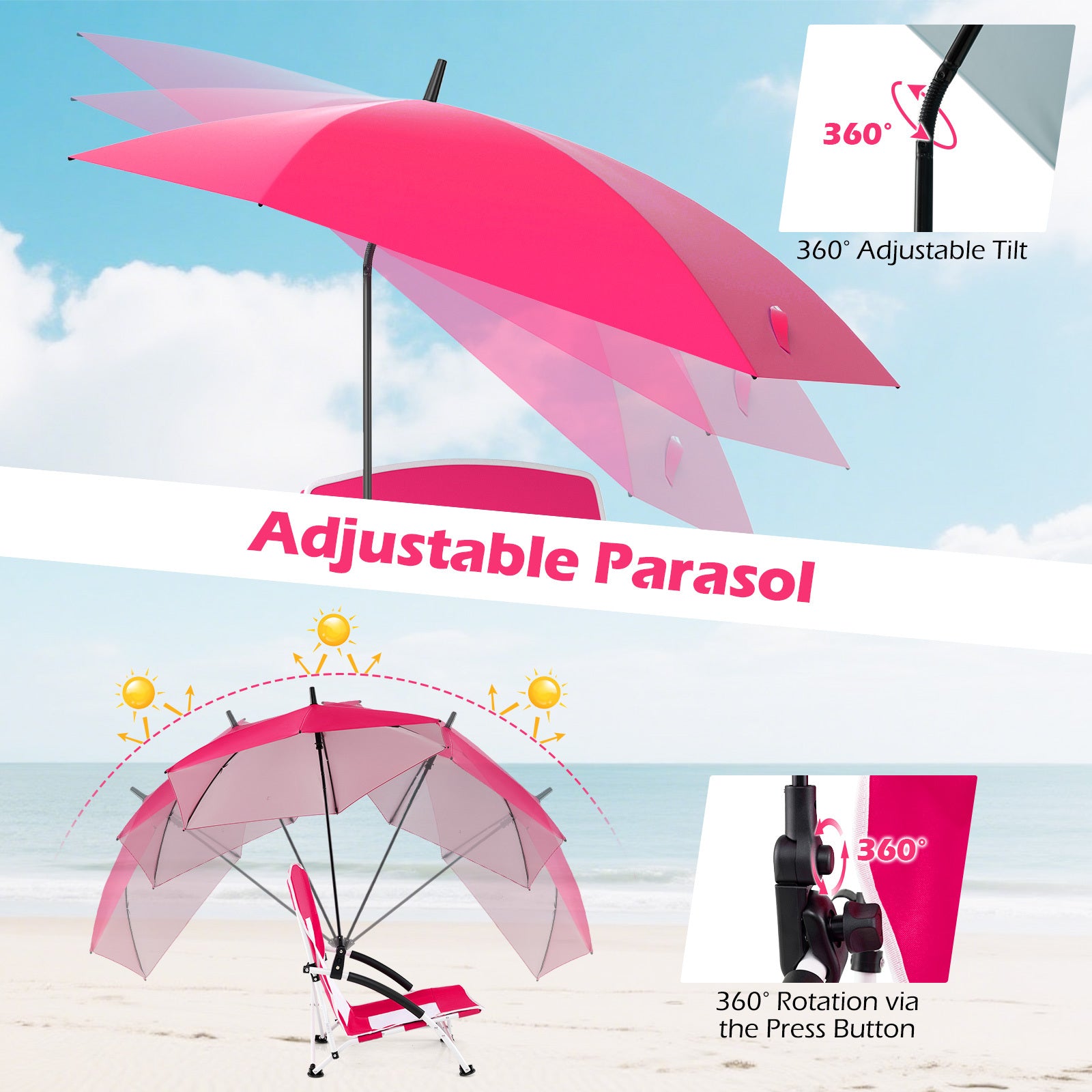 Portable Beach Umbrella Chair with Adjustable Parasol-Pink, 2 Pack