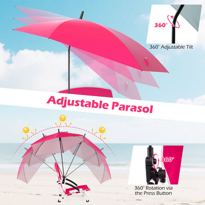 Portable Beach Umbrella Chair with Adjustable Parasol-Pink, 2 Pack