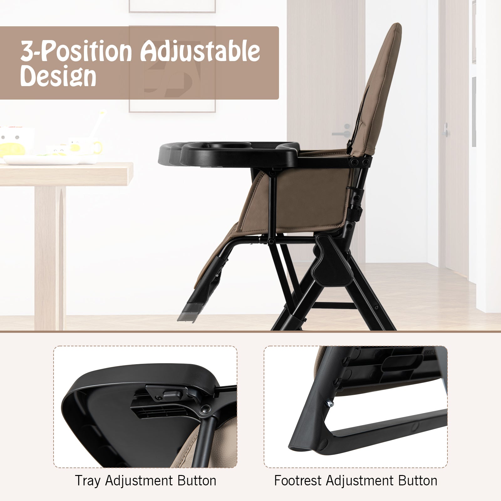 Portable High Chair with 3-Level Adjustable Tray and Footrest-Coffee