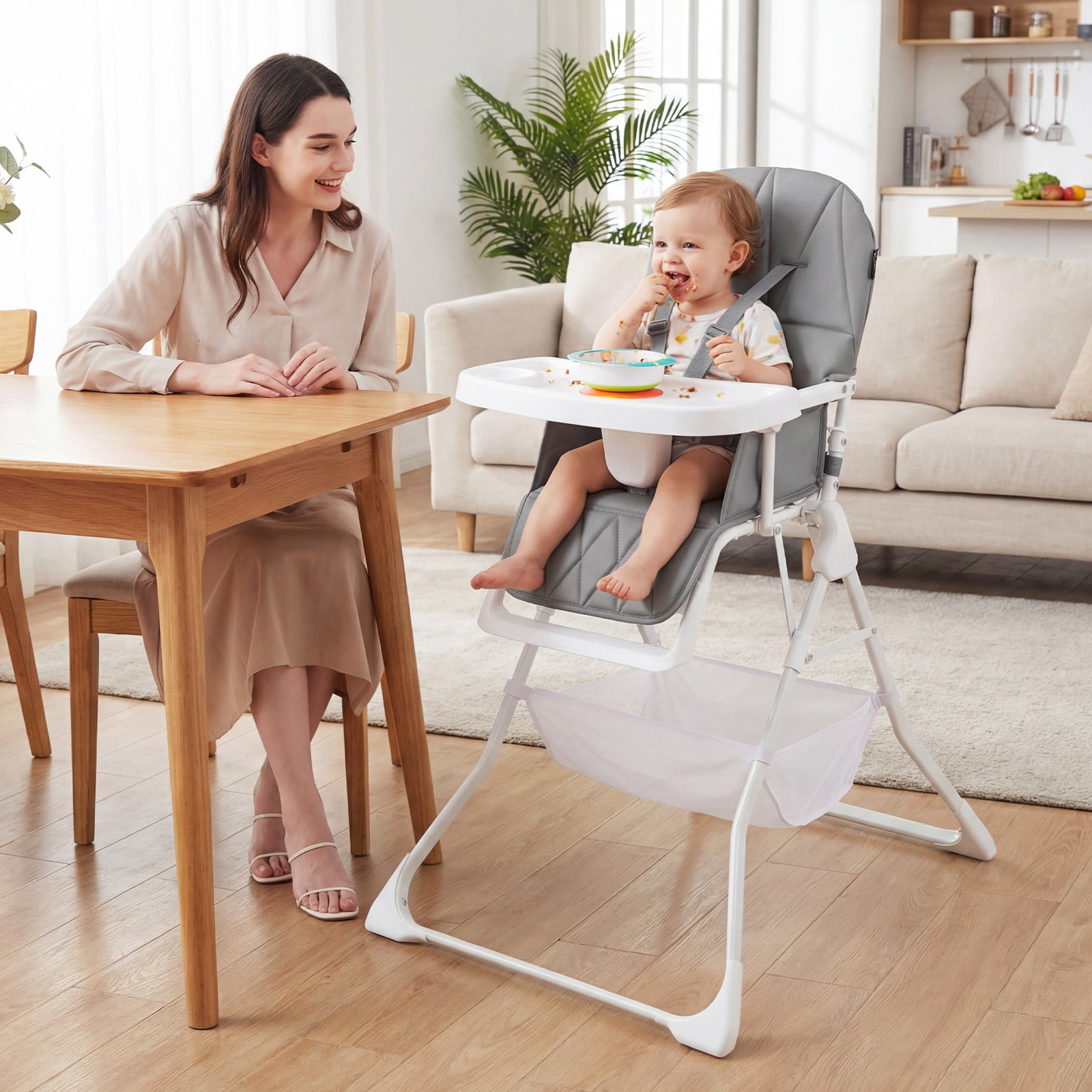 Portable High Chair with 3-Level Adjustable Tray and Footrest-Grey