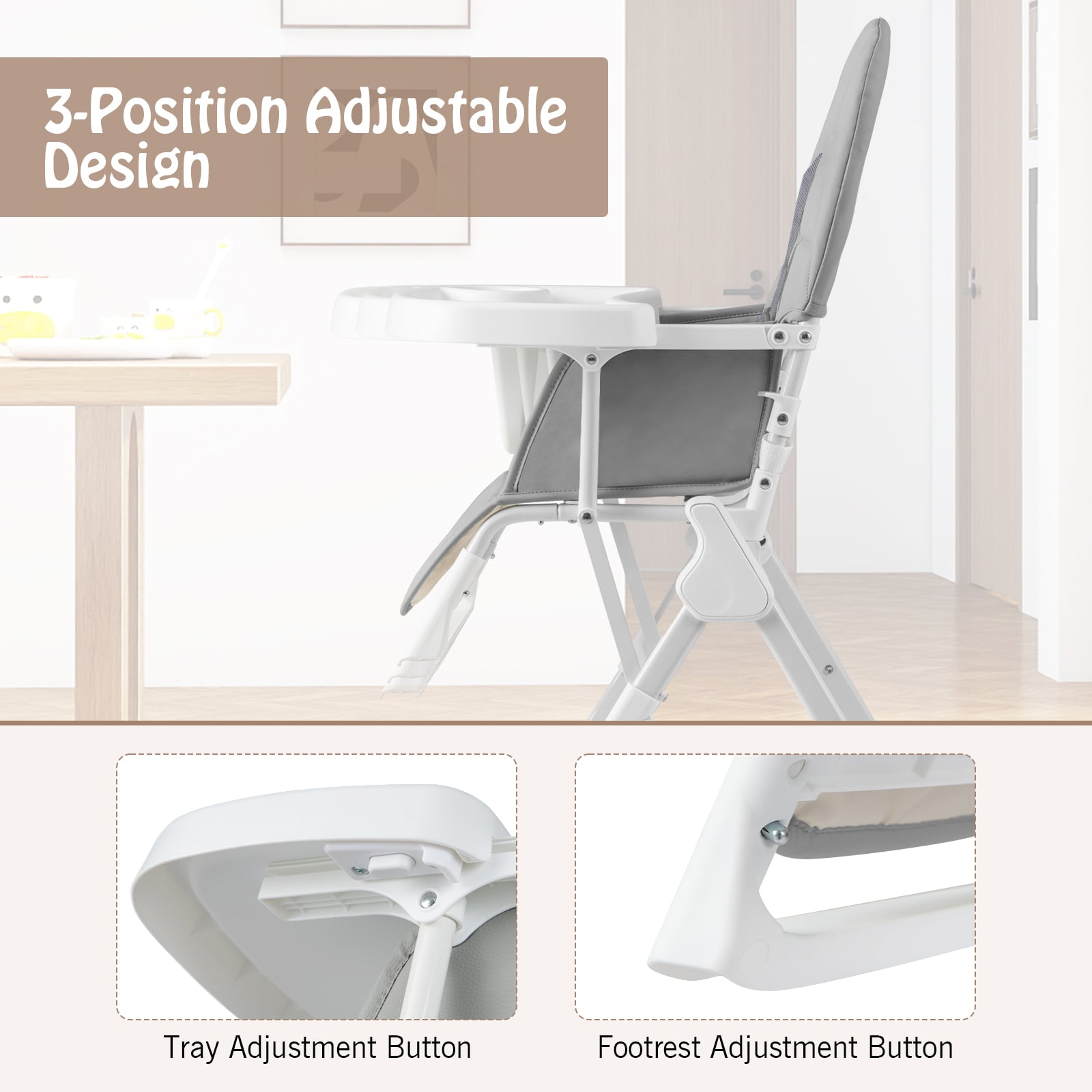 Portable High Chair with 3-Level Adjustable Tray and Footrest-Grey