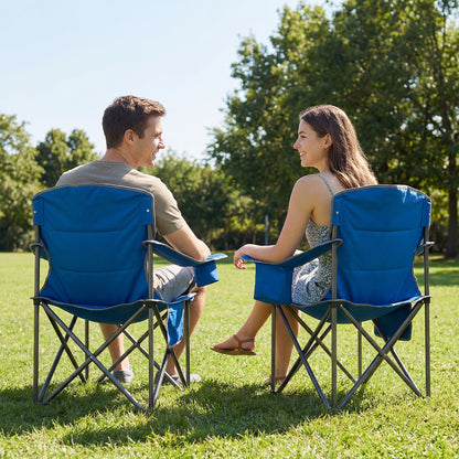 Portable Oversized Camping Chair with Zippered Cooler Pouch and Cup Holder-Blue