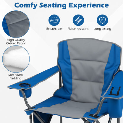 Portable Oversized Camping Chair with Zippered Cooler Pouch and Cup Holder-Blue