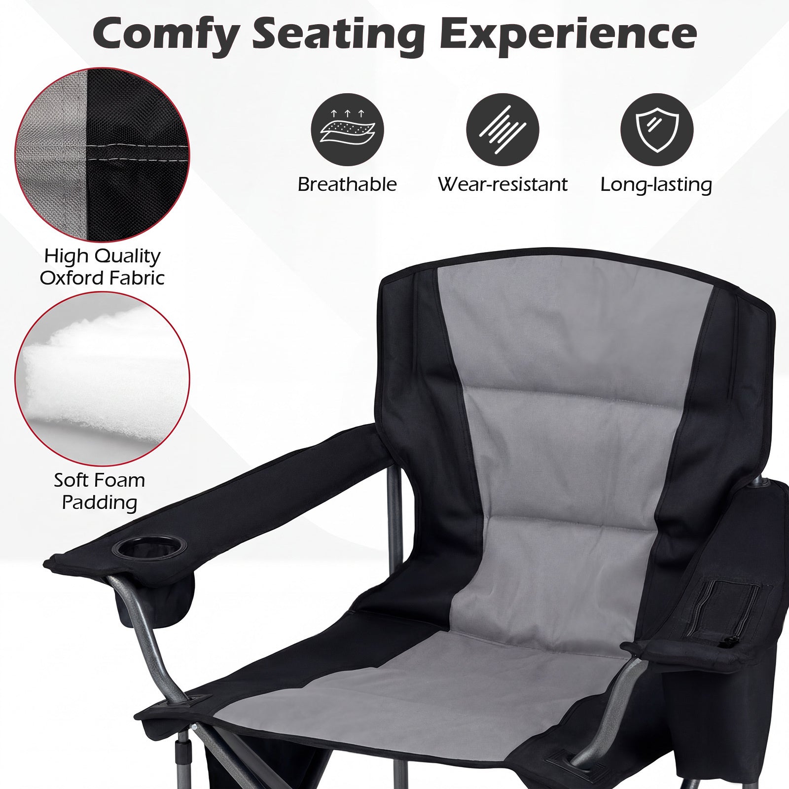 Portable Oversized Camping Chair with Zippered Cooler Pouch and Cup Holder-Grey