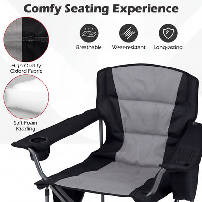 Portable Oversized Camping Chair with Zippered Cooler Pouch and Cup Holder-Grey