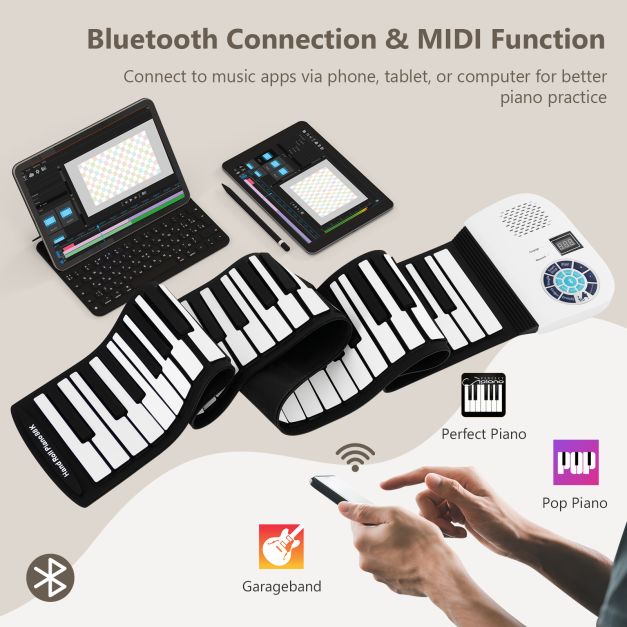 Portable 88-Key Roll Up Electronic Piano for Kids and Beginners-White