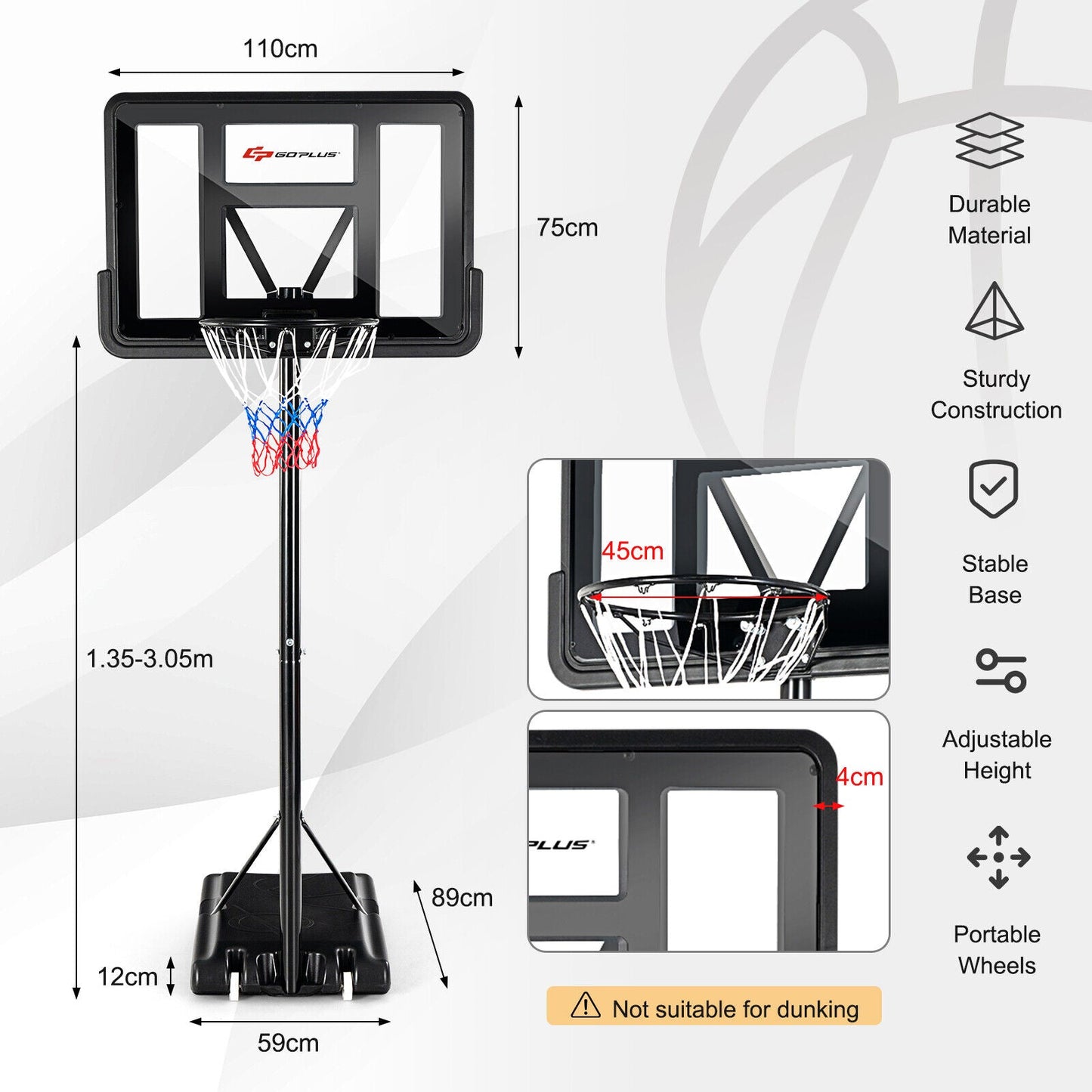 Portable Basketball Hoop with 1.35-3.05m Adjustable Height