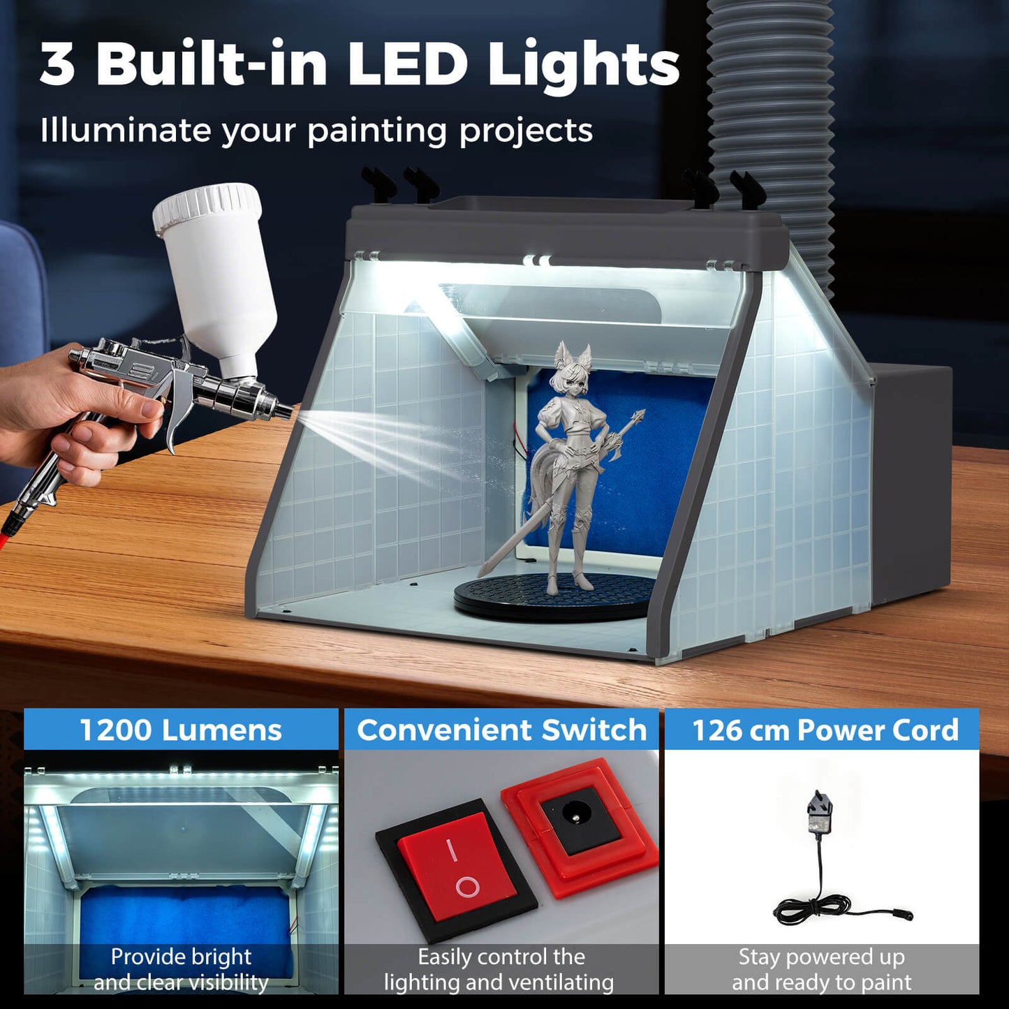 Portable Airbrush Paint Spray Booth Kit with LED Lights and Turntable