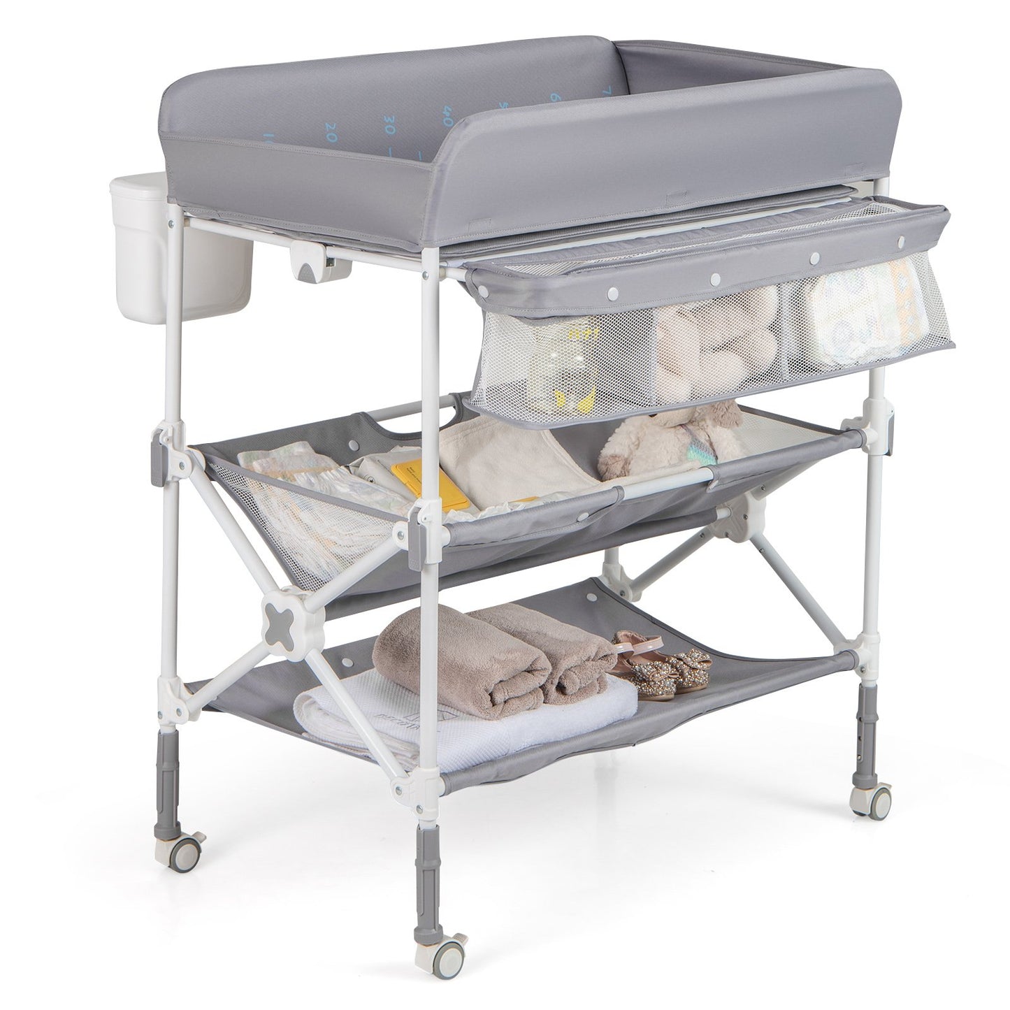 Foldable Baby Changing Table with Wheels and Adjustable Height-Grey