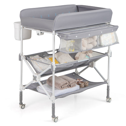 Foldable Baby Changing Table with Wheels and Adjustable Height-Grey